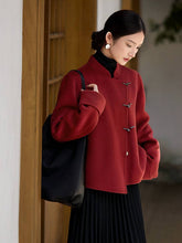 Aurohaya Women’s Short Wool Coat with Stand Collar Elegant Vintage Long Sleeve Outerwear